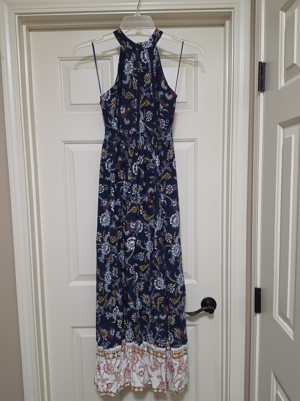 Altar'd State Navy Floral Halter Maxi Dress with White and Gold Border
